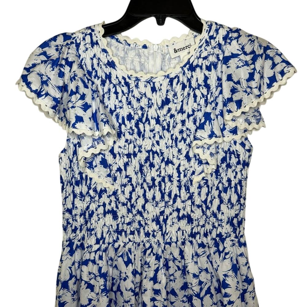 &MERCI White and Blue Floral Summer Dress Ruffle Sleeves Pockets Womens Medium - Picture 2 of 8